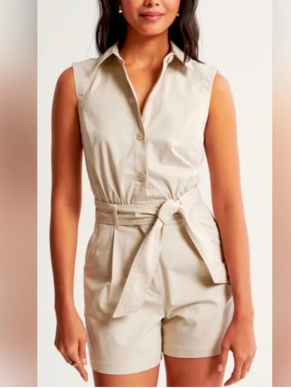 Abercrombie & Fitch Sleeveless Tie-Waist Button Down Utility Romper Light Beige